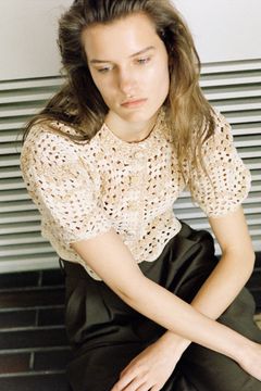 半袖ニットカーディガン - MALL BORDER HAND CROCHET KNIT CARDIGAN (BEIGE)
