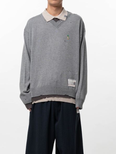 トリプルレイヤードニットプルオーバー - Triple Layered Knit Polo Sweater (GREY)