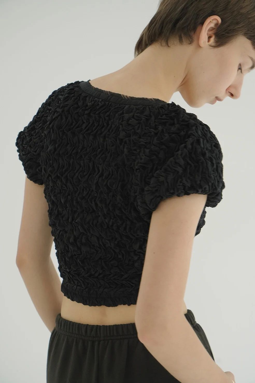 クラネ CLANE シャーリング パフ トップス SHIRRING PUFF TOPS チェック シアー素材 レディース 【2025 新作】 CLANE - シャーリングパフトップス - SHIRRING PUFF TOPS BLACK