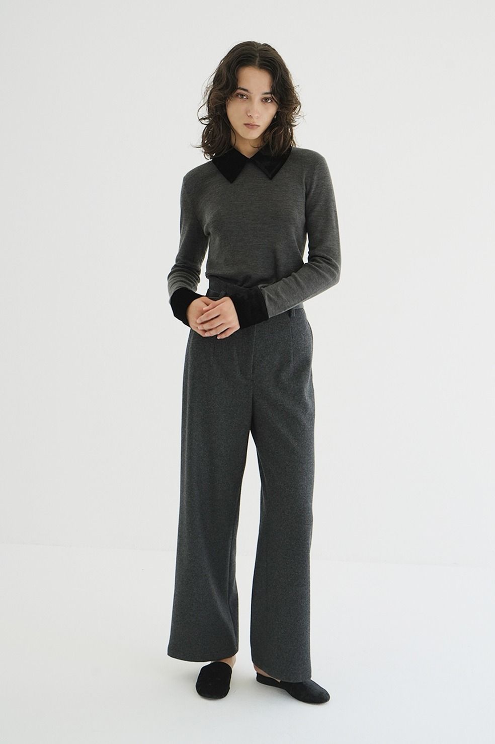 ベロアカラーニットトップス | VELOR COLLAR KNIT TOPS (GREY)