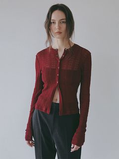 パターンスティッチシアーニットカーディガン （ BURGUNDY)