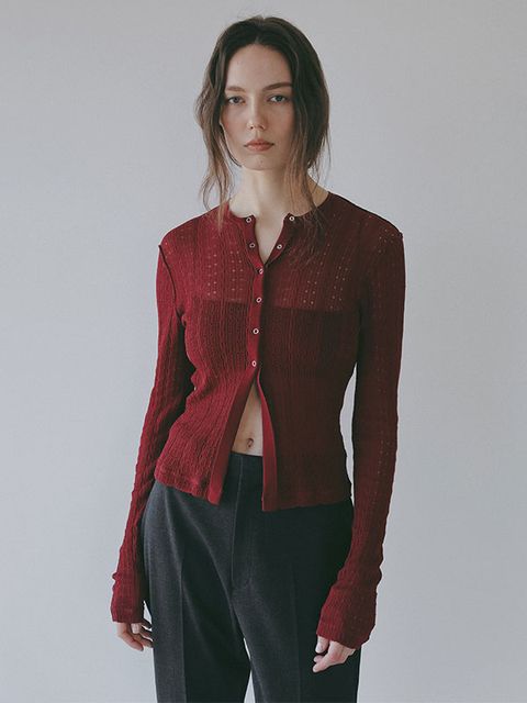 パターンスティッチシアーニットカーディガン （ BURGUNDY)