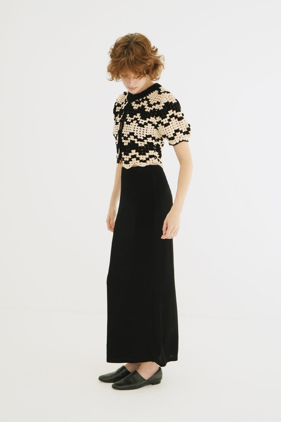 半袖ニットカーディガン - MALL BORDER HAND CROCHET KNIT CARDIGAN (black)