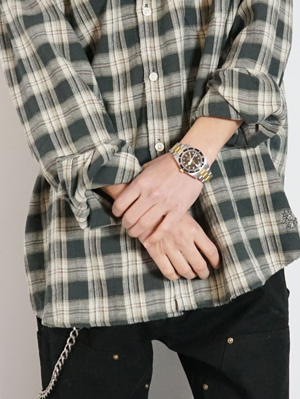 ディストレスト チェックシャツ フーディー - Distressed Check Shirts Hoodie BLACK