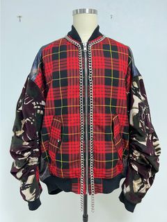 ANARCHY MA-1 JACKET SAFETY PIN & SMILE DECOLATE - RED TARTAN × CAMOUFLAGE