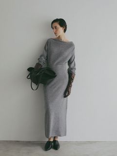 ドレープネックニットワンピース-GREY