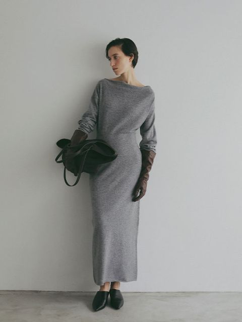 ドレープネックニットワンピース-GREY