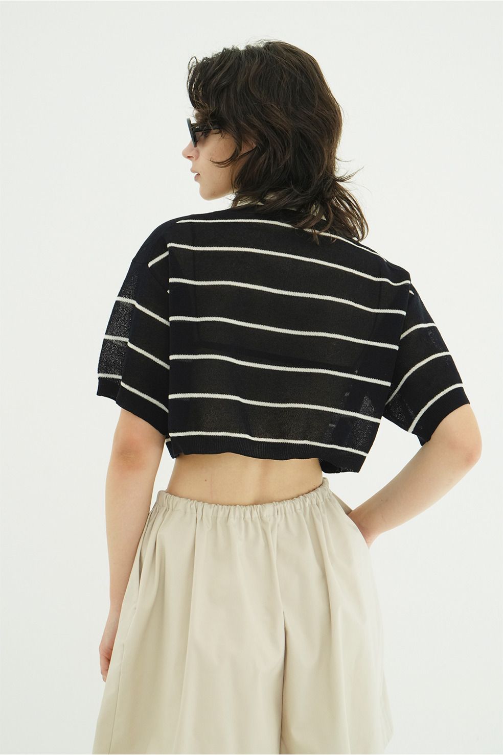 ボーダーポロトップス - SPONGY SHEER POLO KNIT TOPS (NAVY)