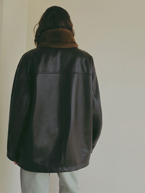 ファーカラーフェイクレザーブルゾン （BROWN)