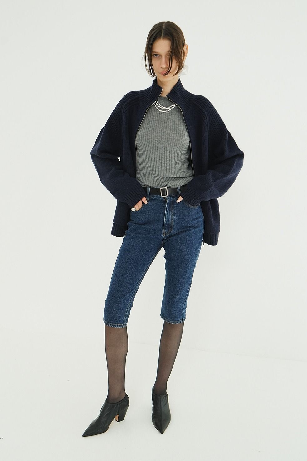 シアーリブニットカットソー | SHEER RIB KNIT TOPS (GREY)