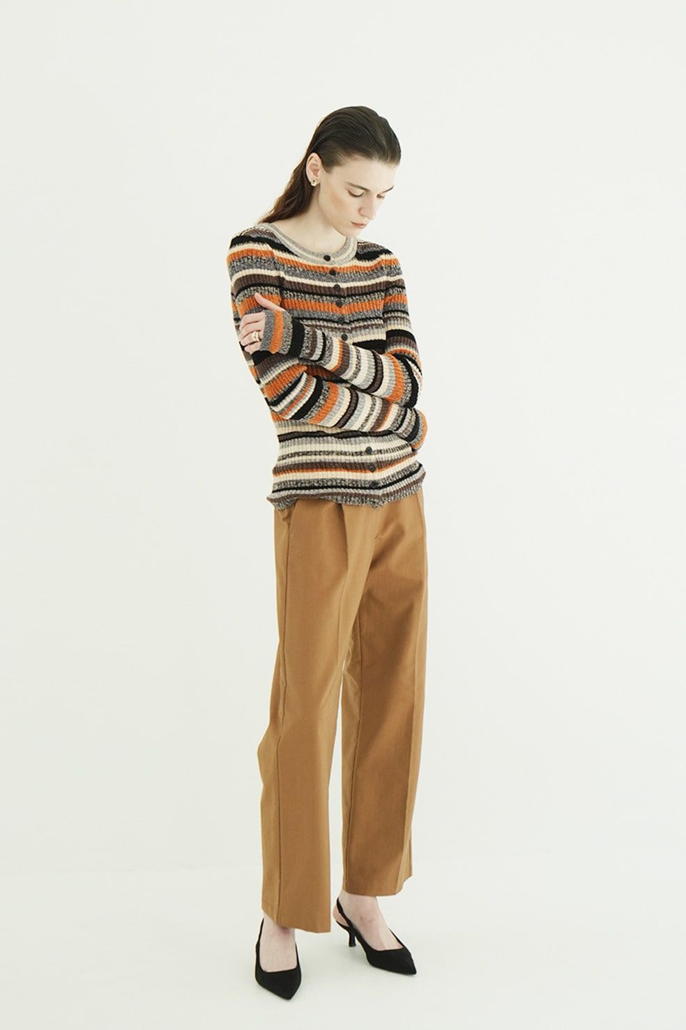 マルチボーダーニットカーディガン - MULTI BORDER BUTTON DETAIL KNIT CARDIGAN (ORANGE)