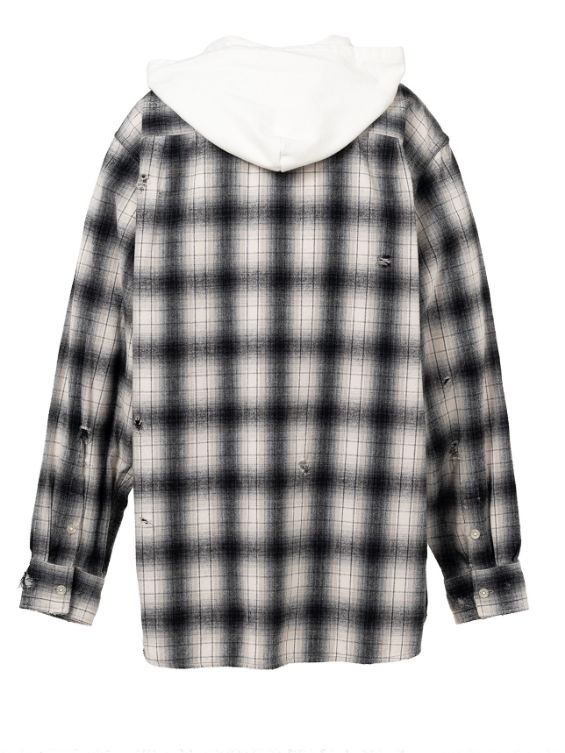 ディストレスト チェックシャツ フーディー - Distressed Check Shirts Hoodie (GREY)