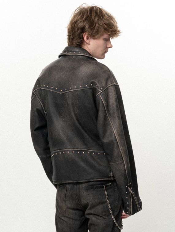 ディストレスド レザー スタッズド バイカー ジャケット - Distressed Leather Studded Biker Jacket (BLACK)