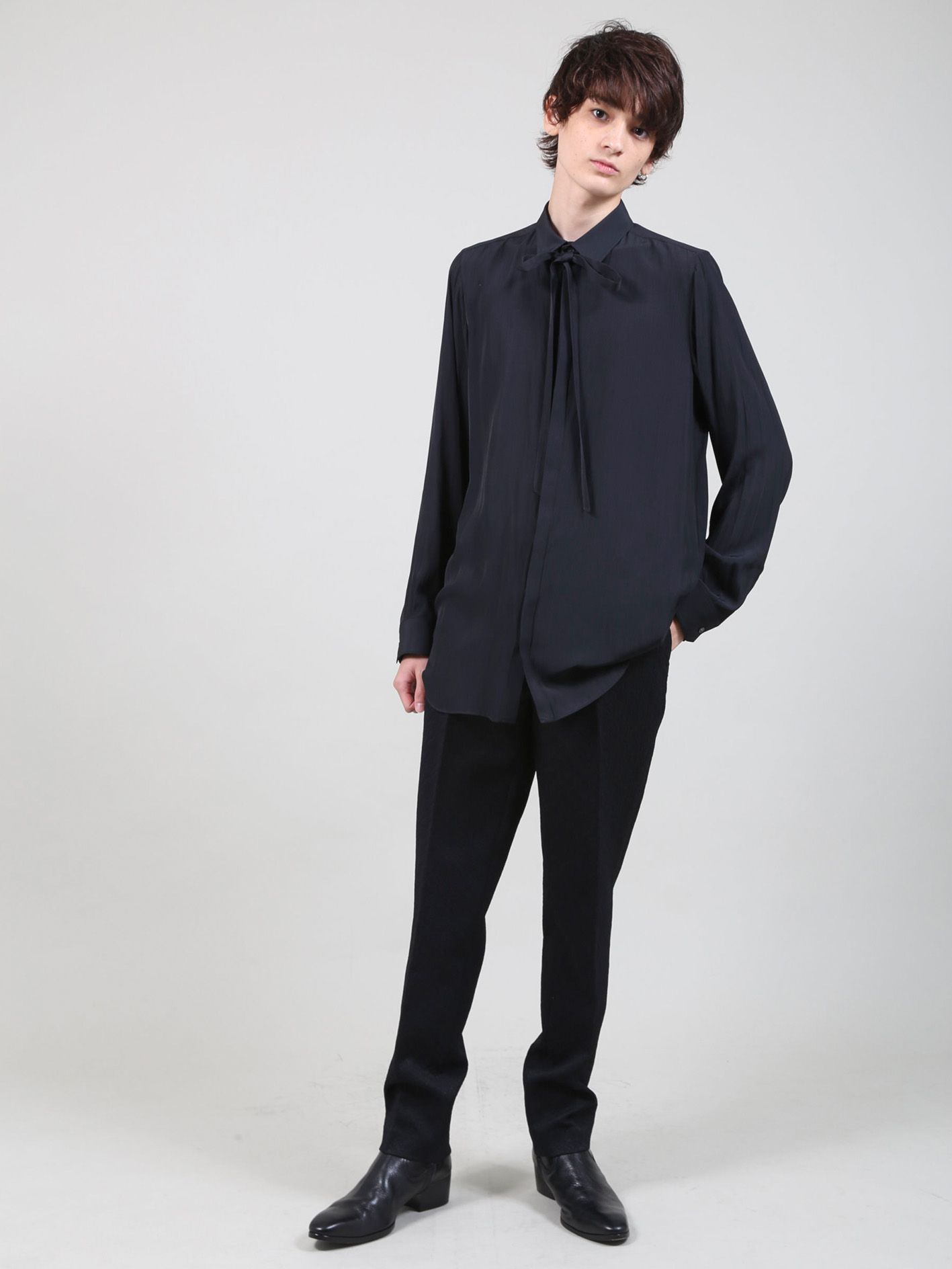 HIAND リボンシャツ 黒 Ribbon twill shirt レディース