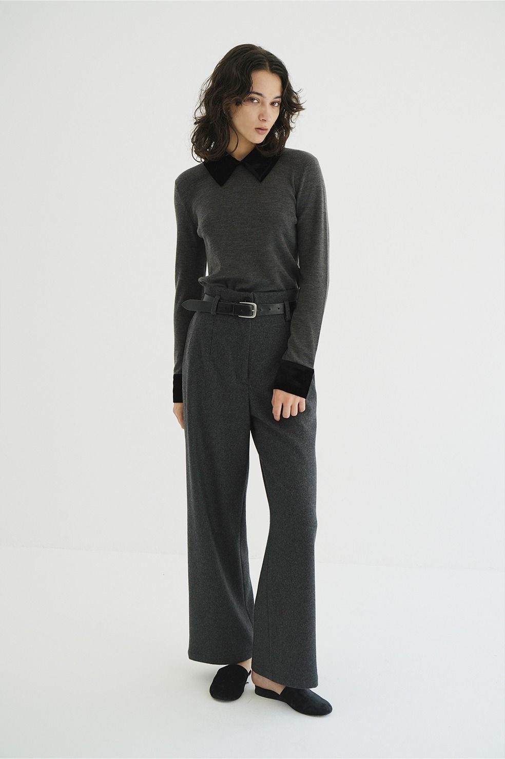 ベロアカラーニットトップス | VELOR COLLAR KNIT TOPS (GREY)