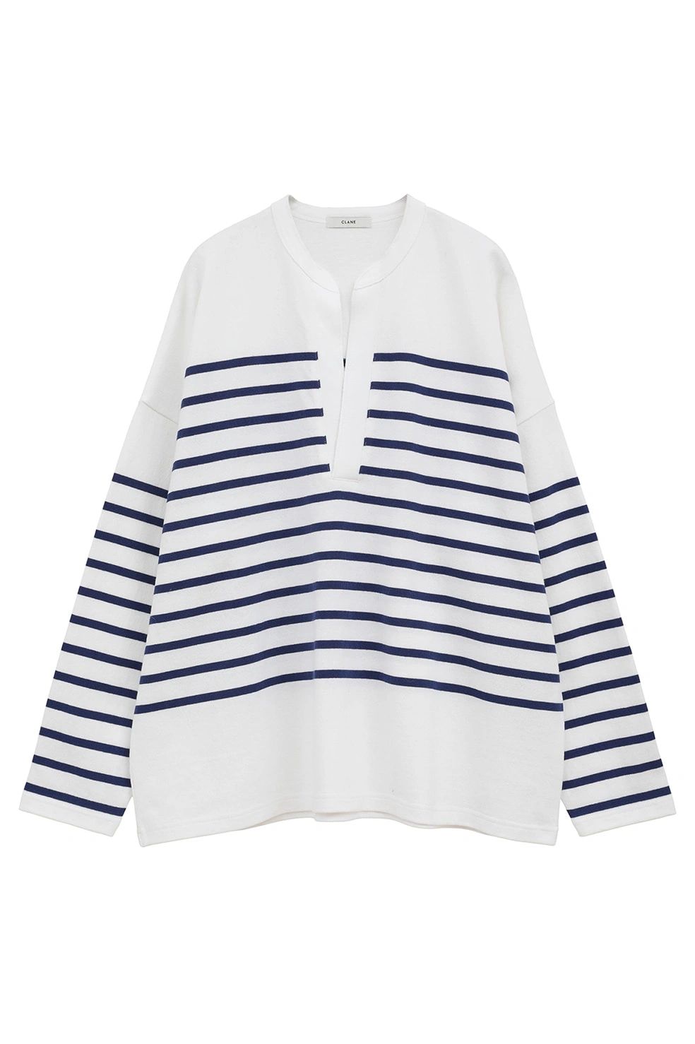 ヘンリーネックデザイントップス - WIDE HENRY NECK BORDER TOPS (WHITE)