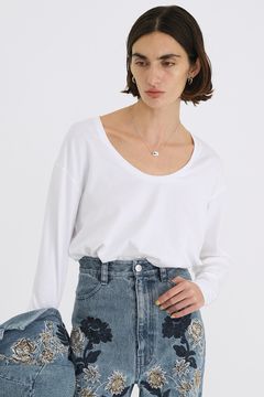 Uネックロングスリーブカットソー -  DEEP U NECK TOPS - WHITE