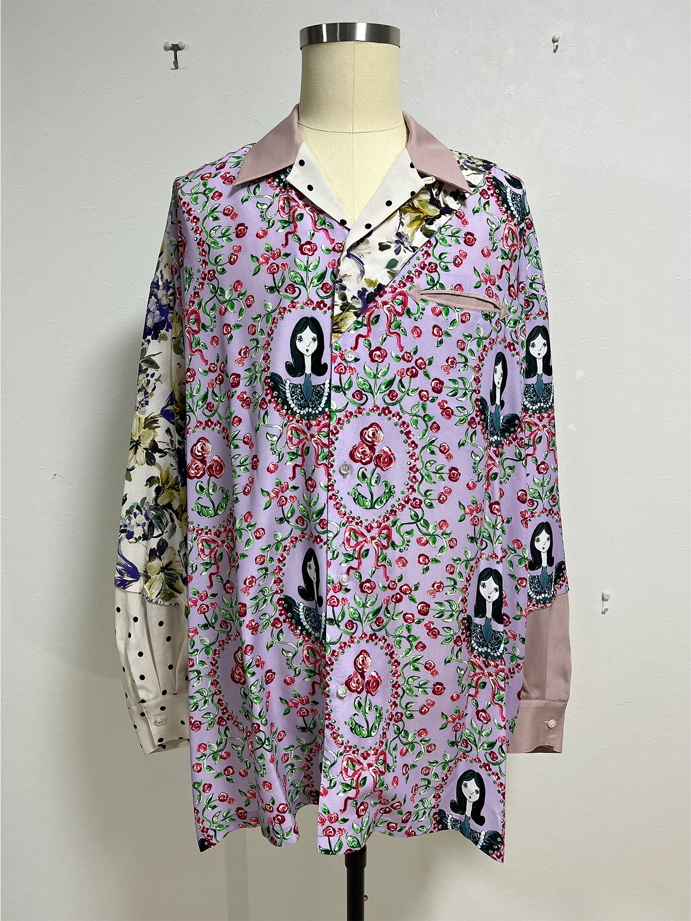 オープンカラーシャツ - SLASH OPEN COLLAR SHIRT GIRL PRINT PATTERN & DOT PATTERN  - PINK GIRL & DOT