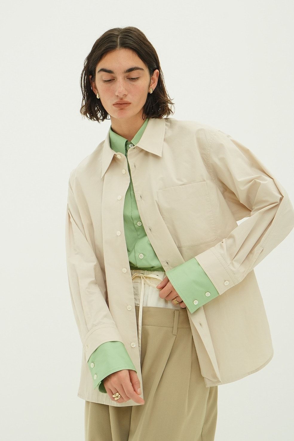 レイヤードシャツ - TWO TONE LAYERED SHIRTS (BEIGE)