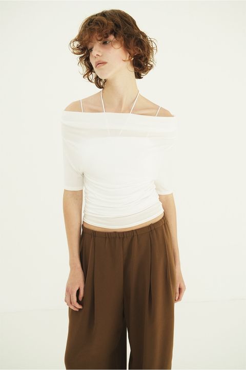 オフショルダートップス -  DRAPED OFF SHOULDER H/S TOPS(WHITE)