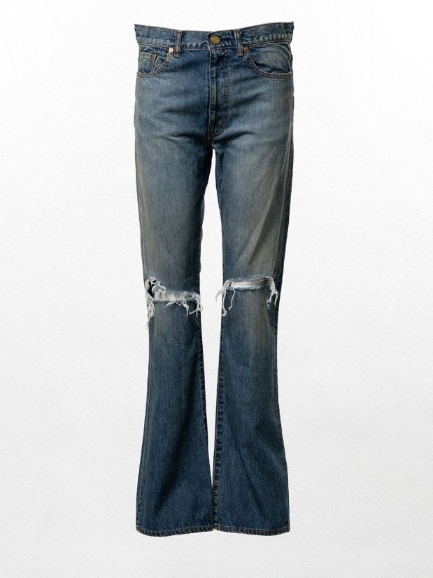 ディストレスド スリム ブーツカット デニム パンツ - Distressed Slim Bootcut Denim Pants (INDIGO)