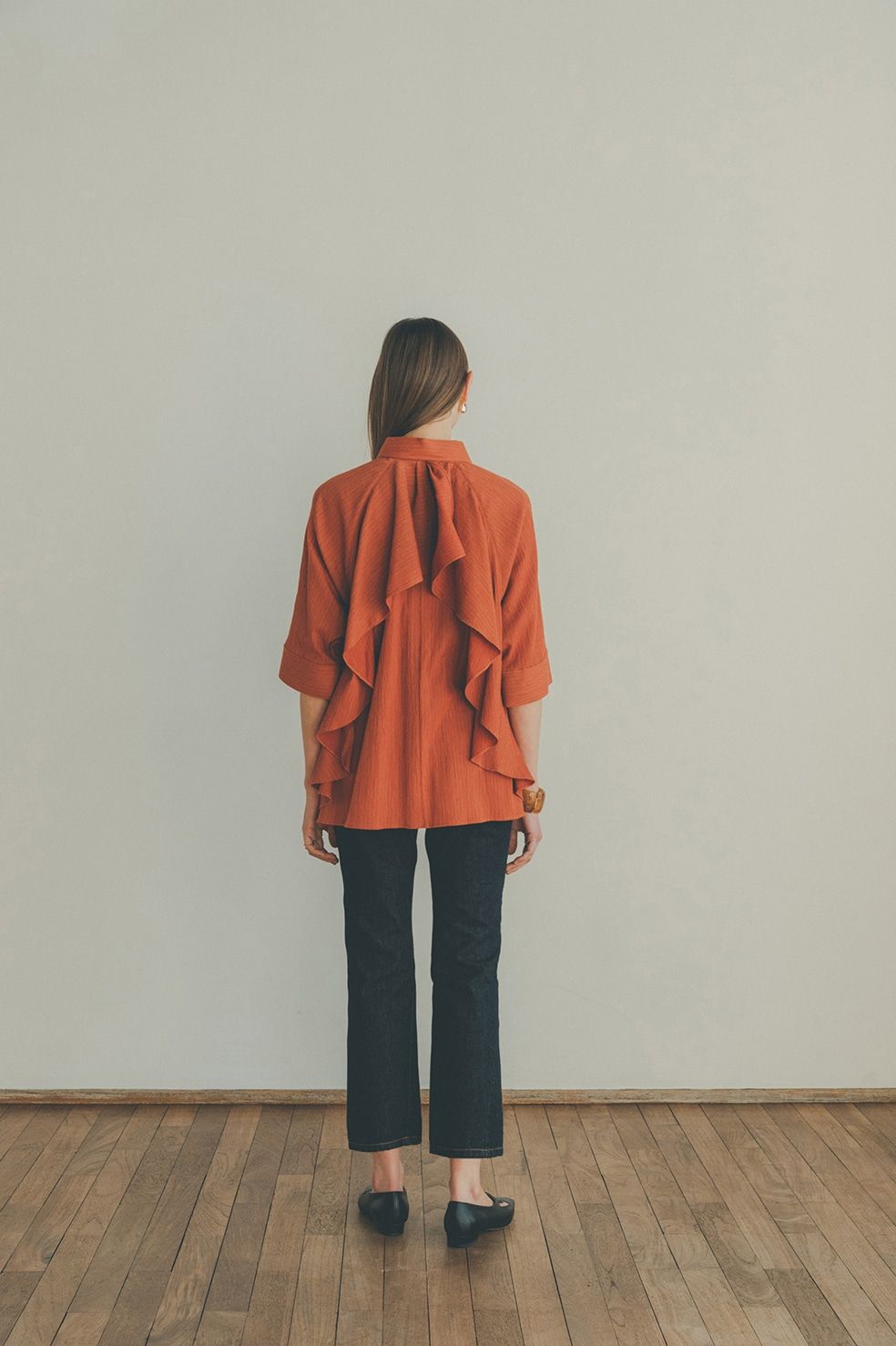 COTTON CREPE BACK FRILL SHIRT - ORANGE