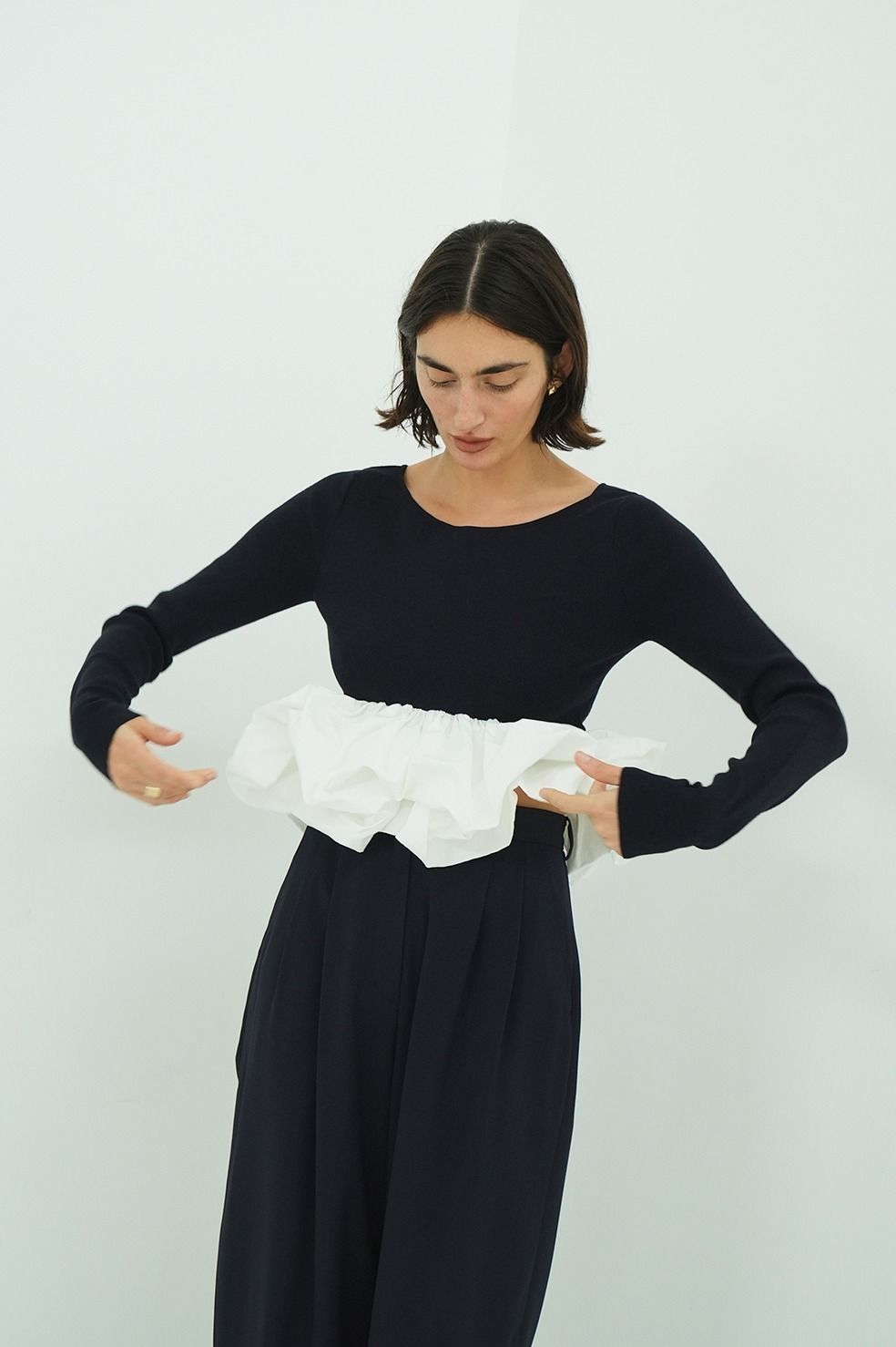 バルーンニットトップス - W BALLOON SHORT KNIT TOPS (NAVY)