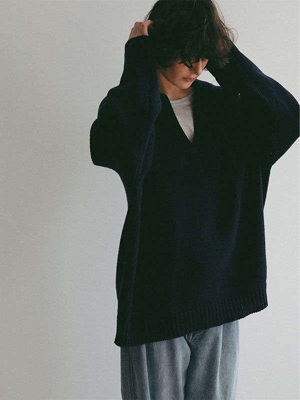 オーバーサイズスキッパーニットプルオーバー (NAVY)