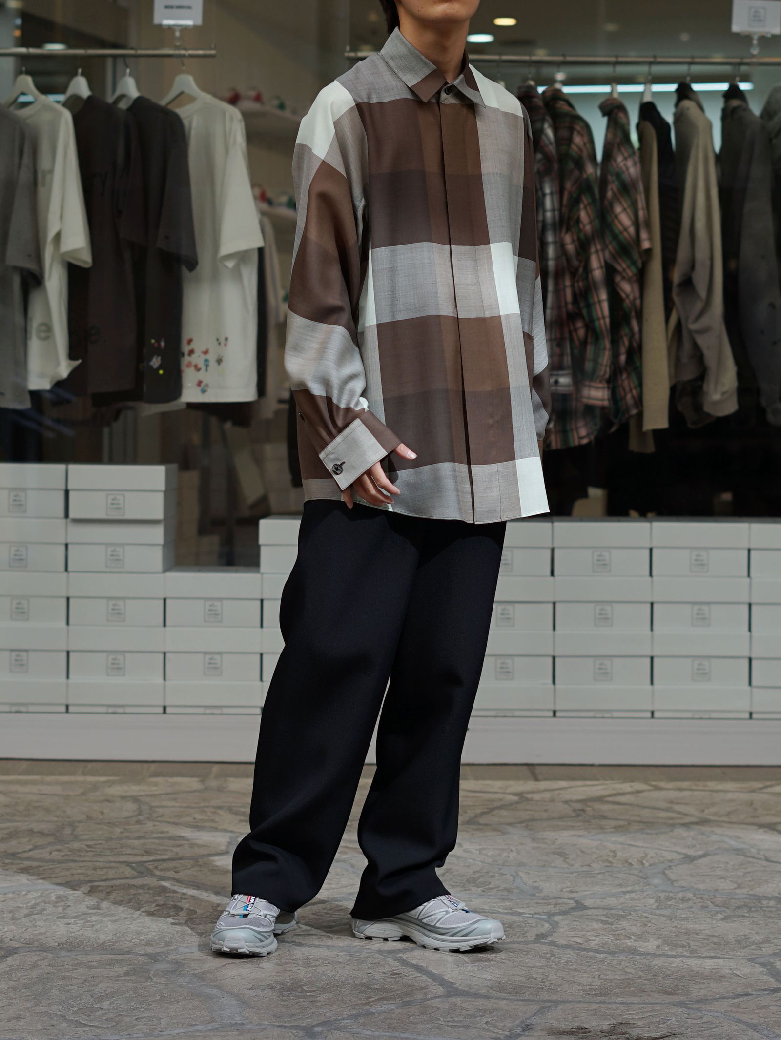 ウールシャツ - Dolman Sleeve Light Wool Shirt (GREEN×TAN)