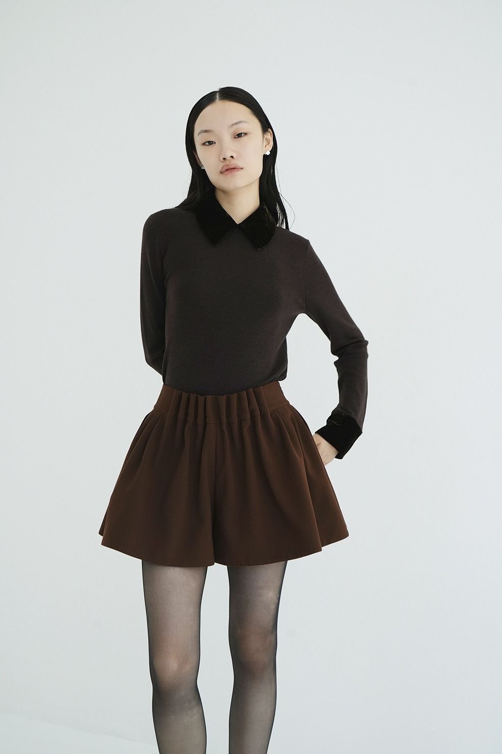 ベロアカラーニットトップス | VELOR COLLAR KNIT TOPS (BROWN)