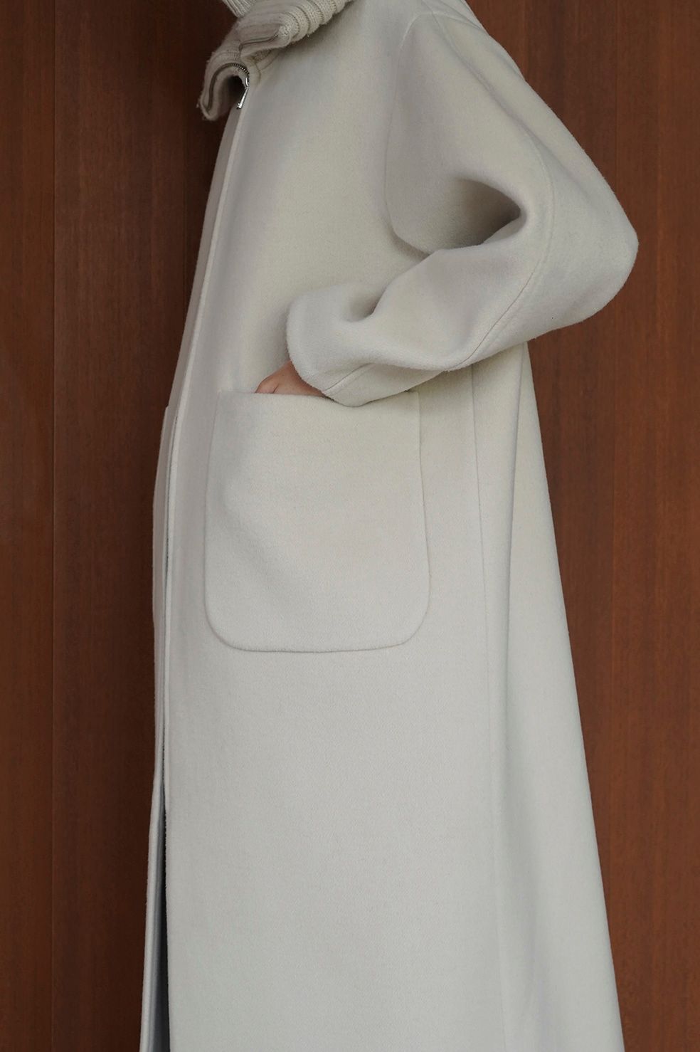 エリリブニットシングルコート - RIB COLLAR WOOL LONG COAT - IVORY