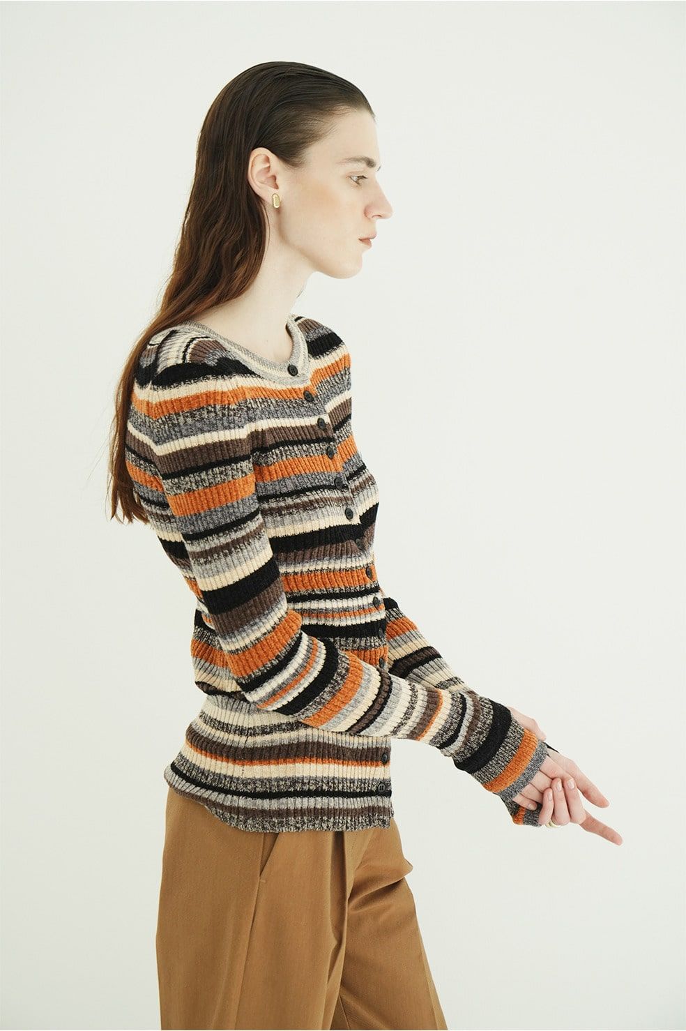 マルチボーダーニットカーディガン - MULTI BORDER BUTTON DETAIL KNIT CARDIGAN (ORANGE)