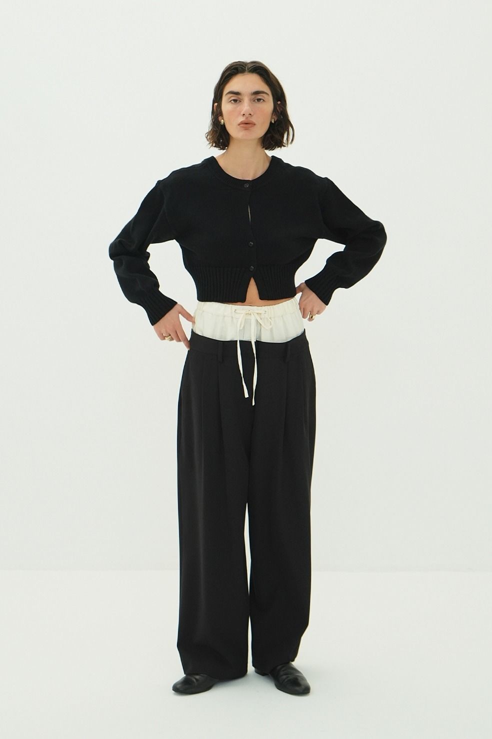 ダブルレイヤード スラックス - W WAIST WIDE SLACKS (BLACK)