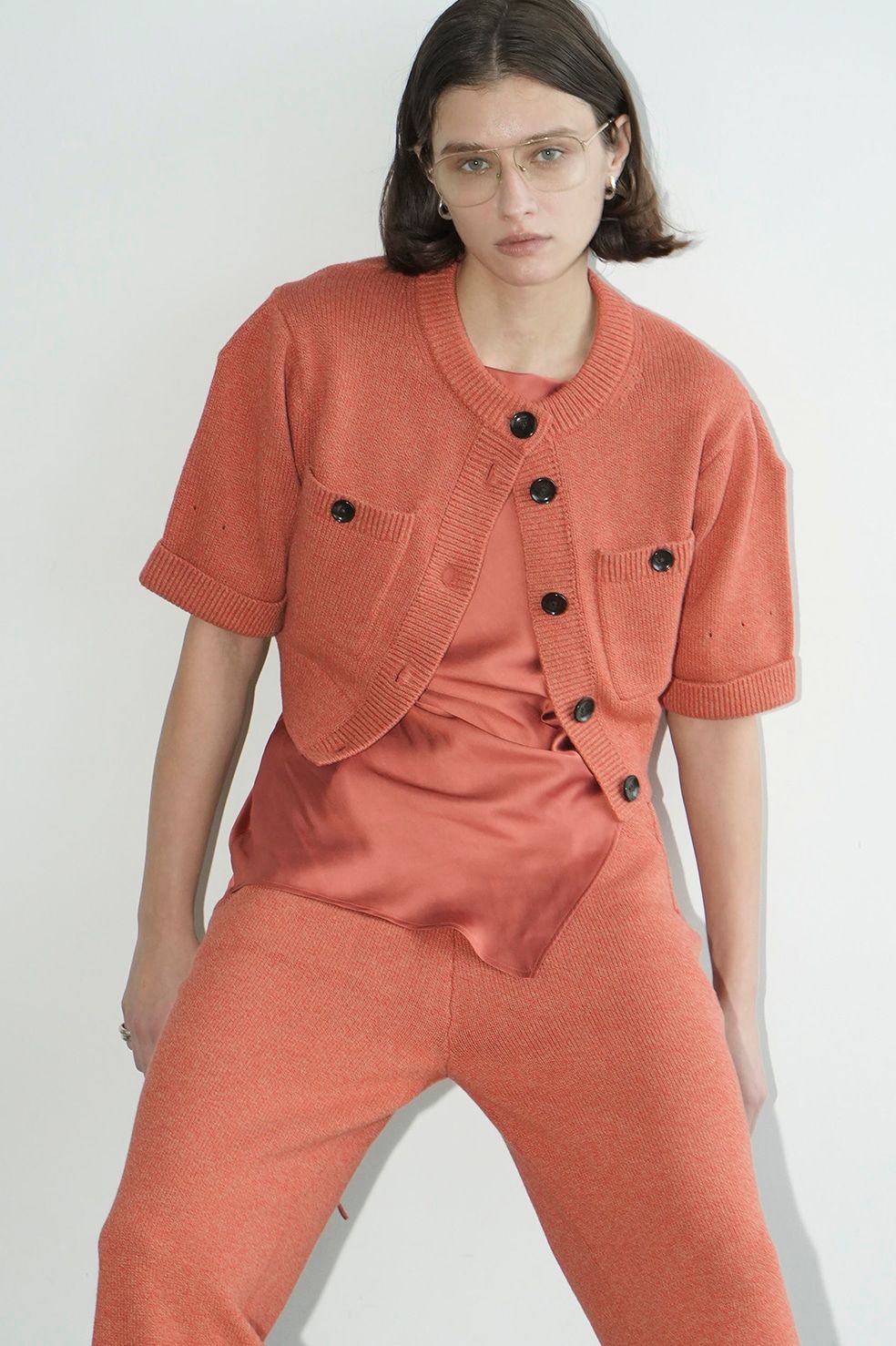 カーディガン - ニットパンツセット / HALF SLEEVE KNIT TOPS & PANTS SET - ORANGE