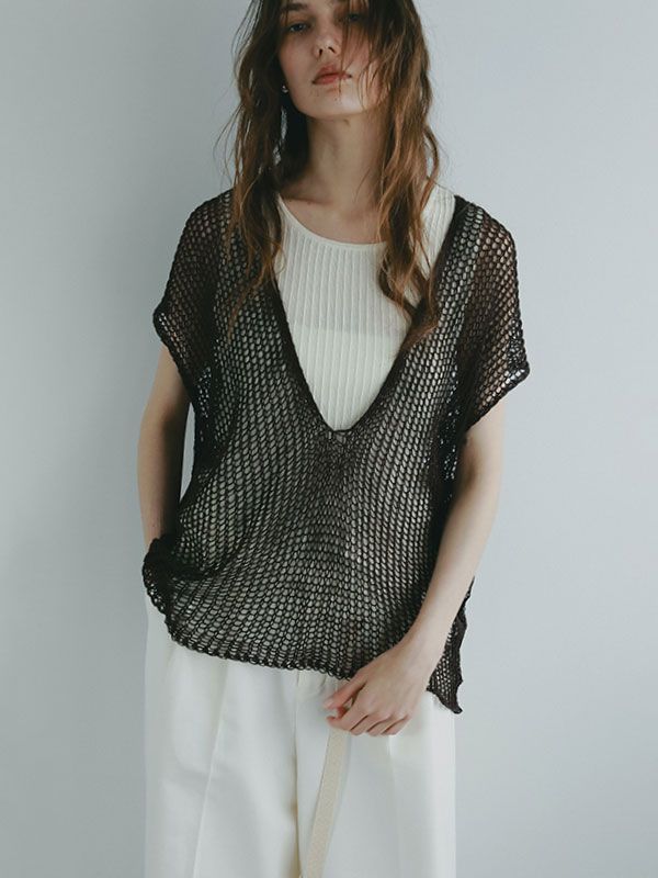 フィッシュネットスリーブレスニットプルオーバー - BROWN