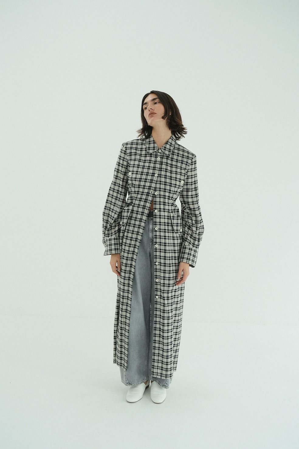 チェックシャツワンピース - UP POCKET CHECK SHIRT ONEPIECE (BLACK)