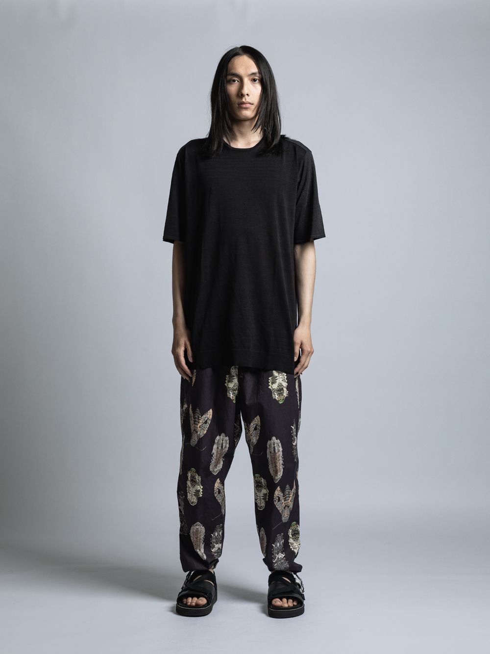 シルク / リネン / コットン ハイゲー ジ半袖プルオーバーニット-BLACK/ CHARCOAL