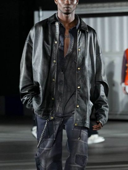 ディストレスドレザーコーチジャケット -  Distressed Leather Coach Jaket (BLACK)