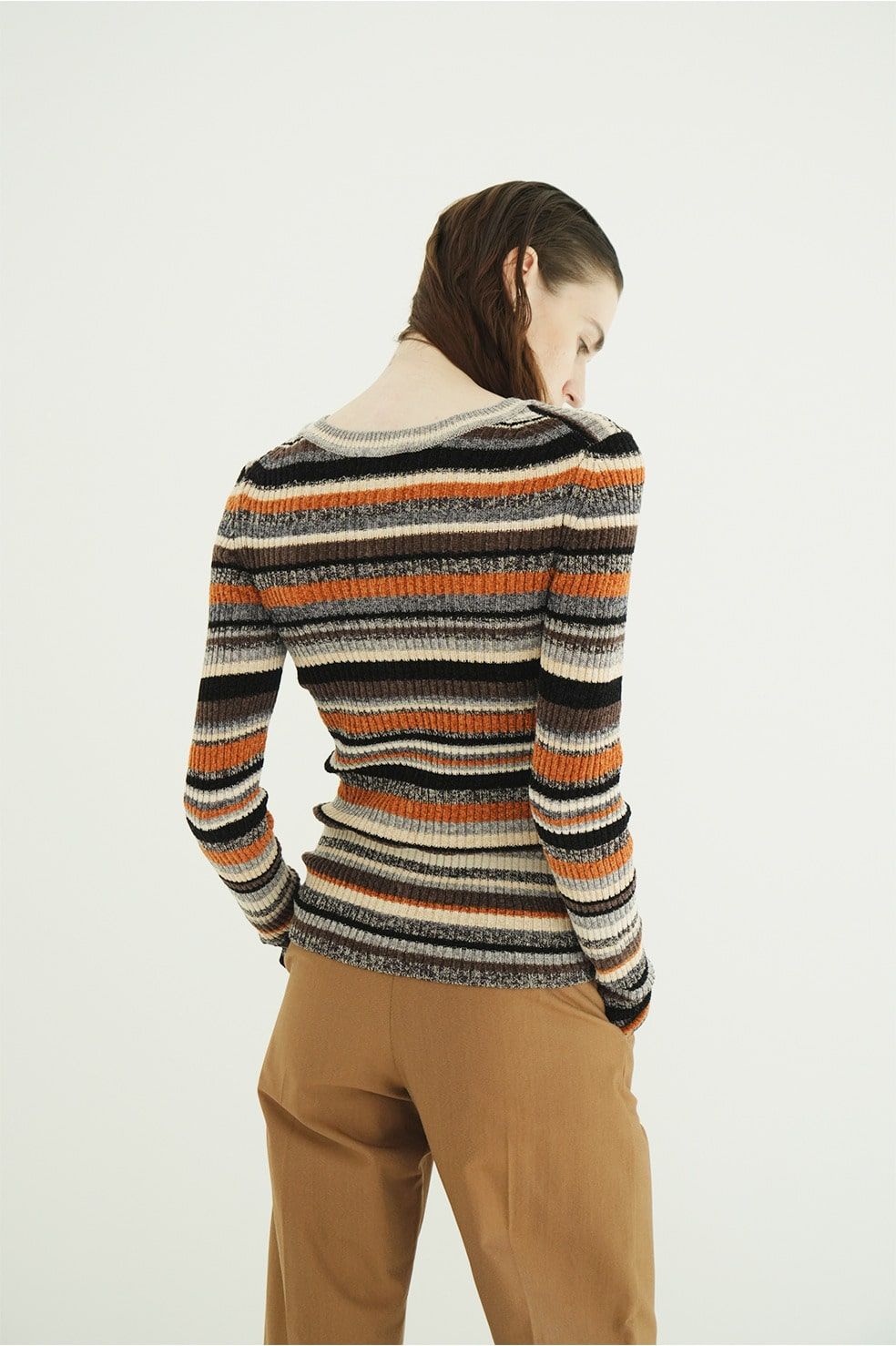 マルチボーダーニットカーディガン - MULTI BORDER BUTTON DETAIL KNIT CARDIGAN (ORANGE)