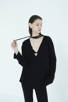 デザインリボンカットトップス - DRAWSTRING LOOSE CUT TOPS (BLACK)
