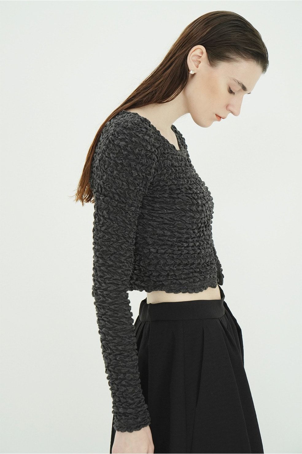 ダブルフェイス シャーリング カーディガン  - W FACE SOFT SHIRRING CARDIGAN (GREY)