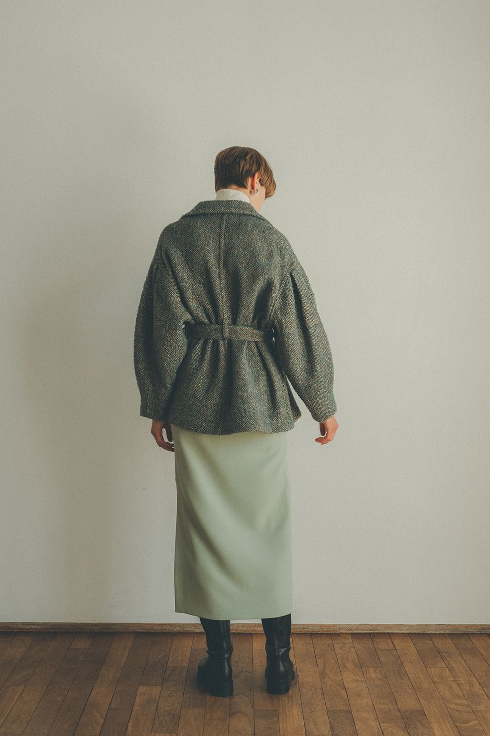 CLANE - MIX LOOP TWEED BOX COAT MOSS GREEN