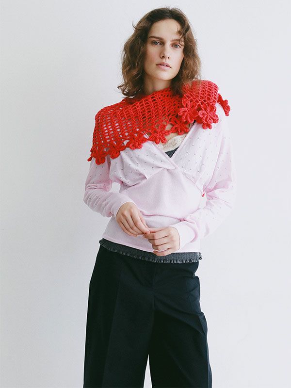 レースコンビカシュクールニットプルオーバー (PINK)