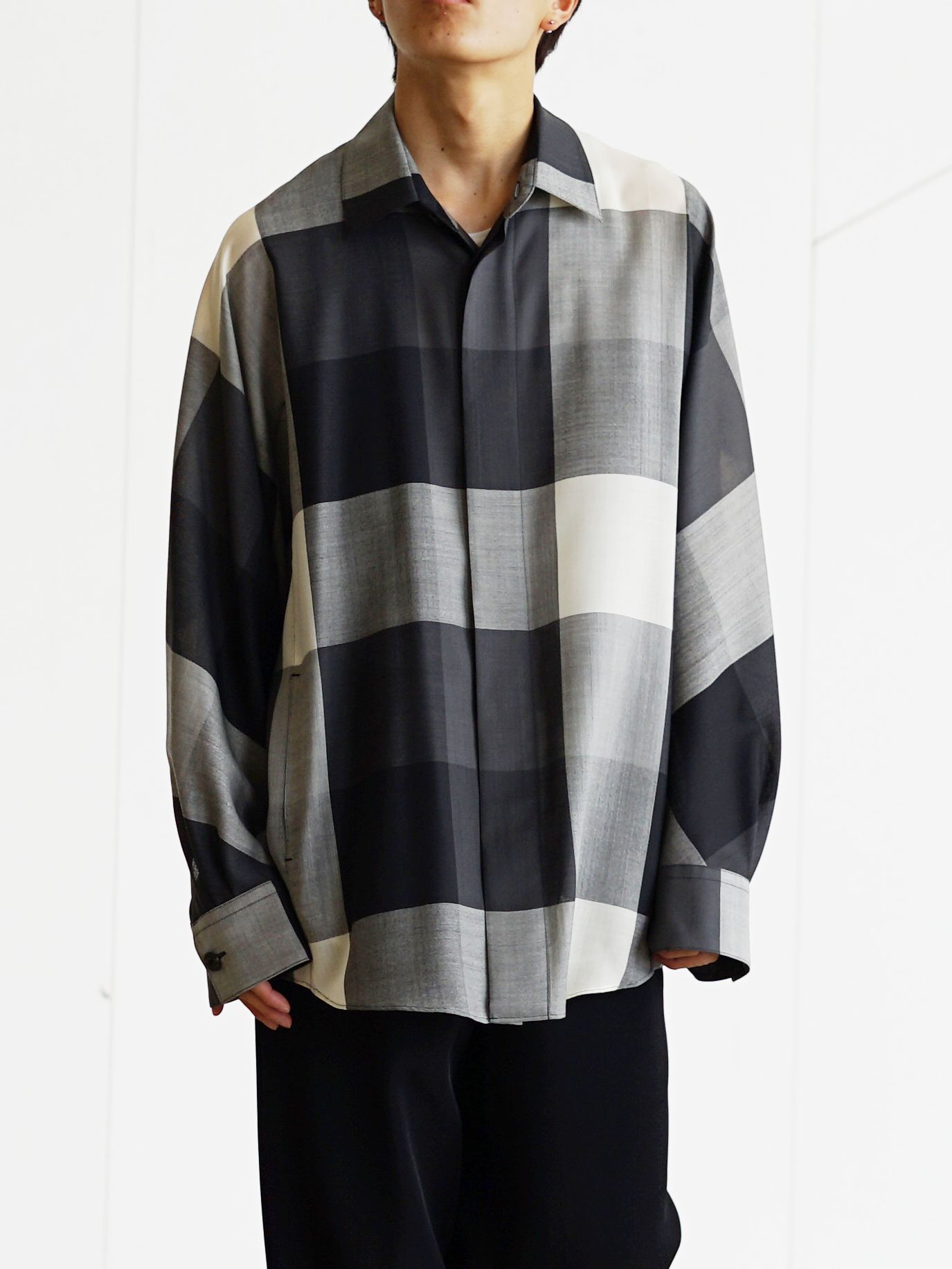 ウールシャツ - Dolman Sleeve Light Wool Shirt (OFF WHITE×BLACK)