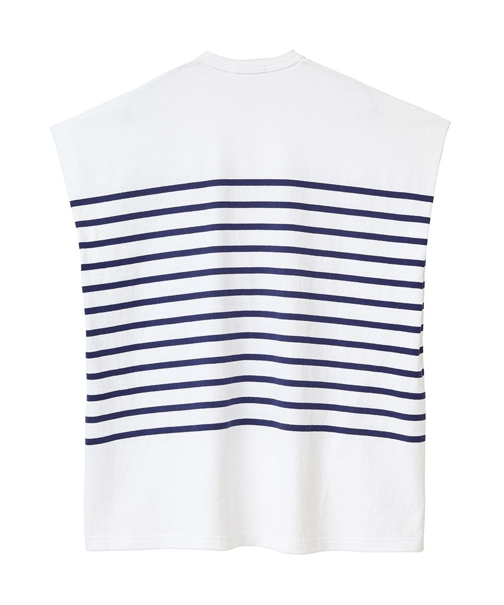 ワイド ヘンリー ネック ノースリーブ トップス - WIDE HENLEY NECK N/S BORDER TOPS - WHITE