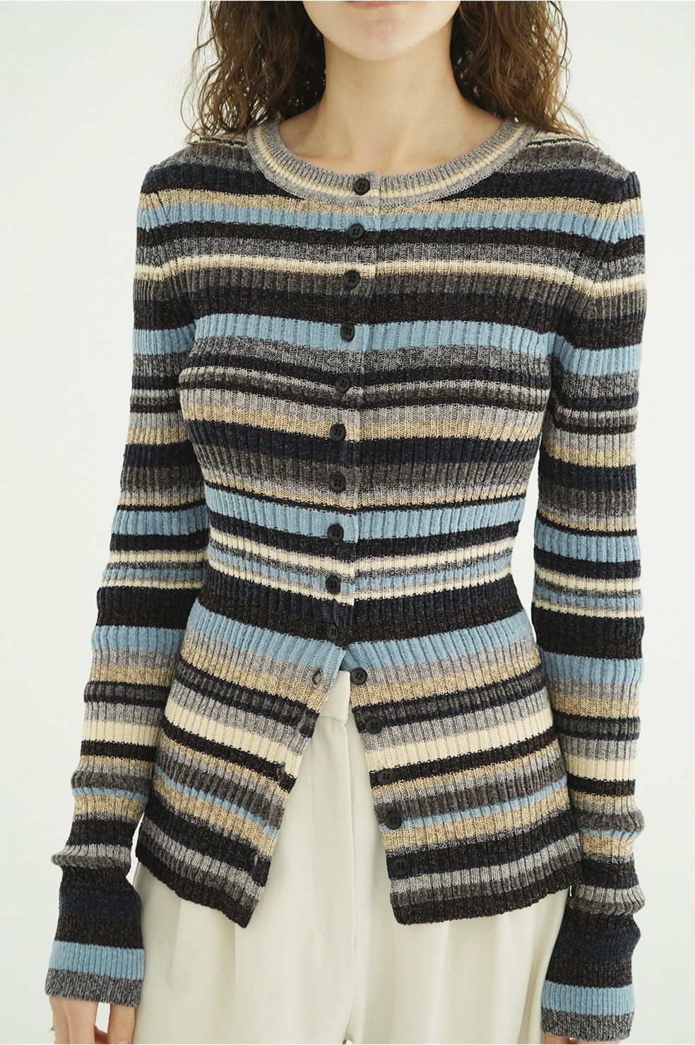 マルチボーダーニットカーディガン - MULTI BORDER BUTTON DETAIL KNIT CARDIGAN (SAX)