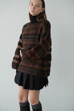 ボーダーニットトップス- SHEER BORDER MOHAIR KNIT - BROWN