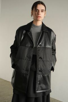 ヴィーガンレザー オーバーサイズ ジャケット - LEATHER SWITCHING OVER JACKET - BLACK
