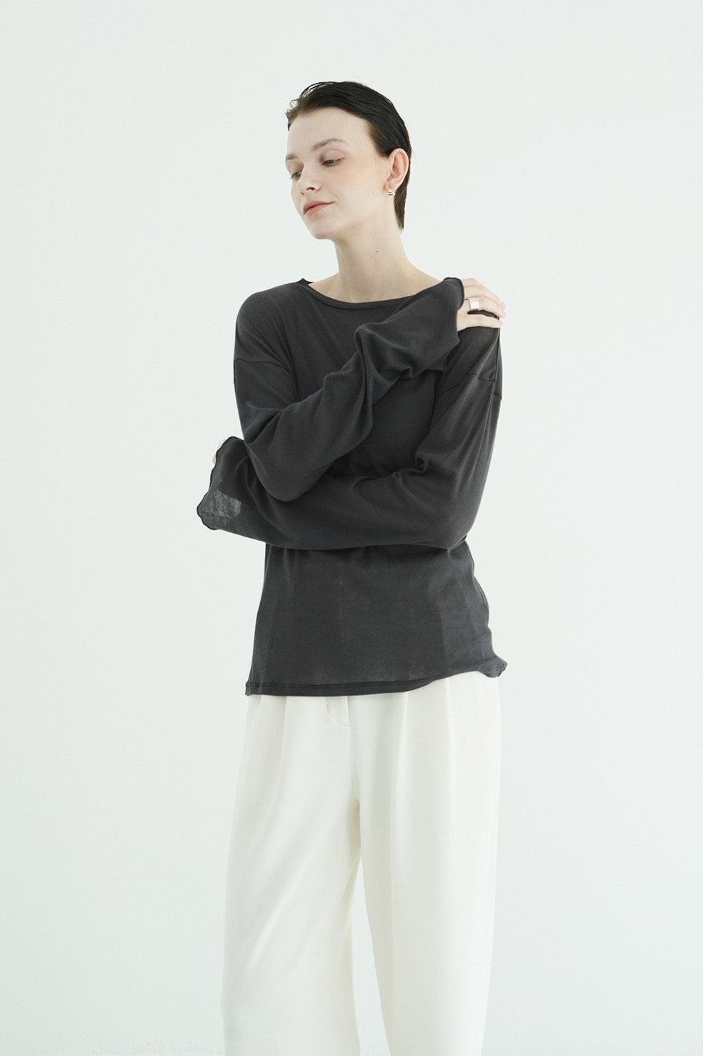 シアールーズロンティー - SHEER LOOSE CUT TOPS (CHARCOAL GRAY)