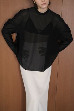シアー メッシュ カーブ スリーブ トップス - ブラック -  SHEER MESH CURVE SLEEVE TOPS